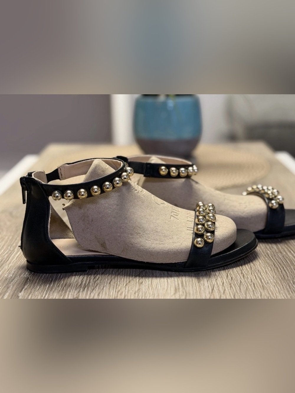 Chiarini Bologna Black Leather Studded Sandals Ankle Strap Gold Sphere Beads 36
